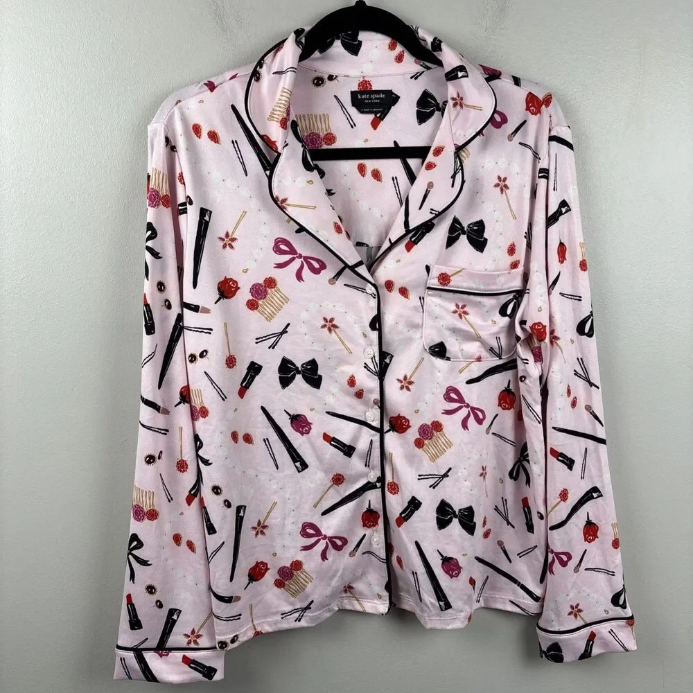 Kate Spade S Pajama Top Pink Long Sleeve Button Lipstick Bow Makeup (no Pants)